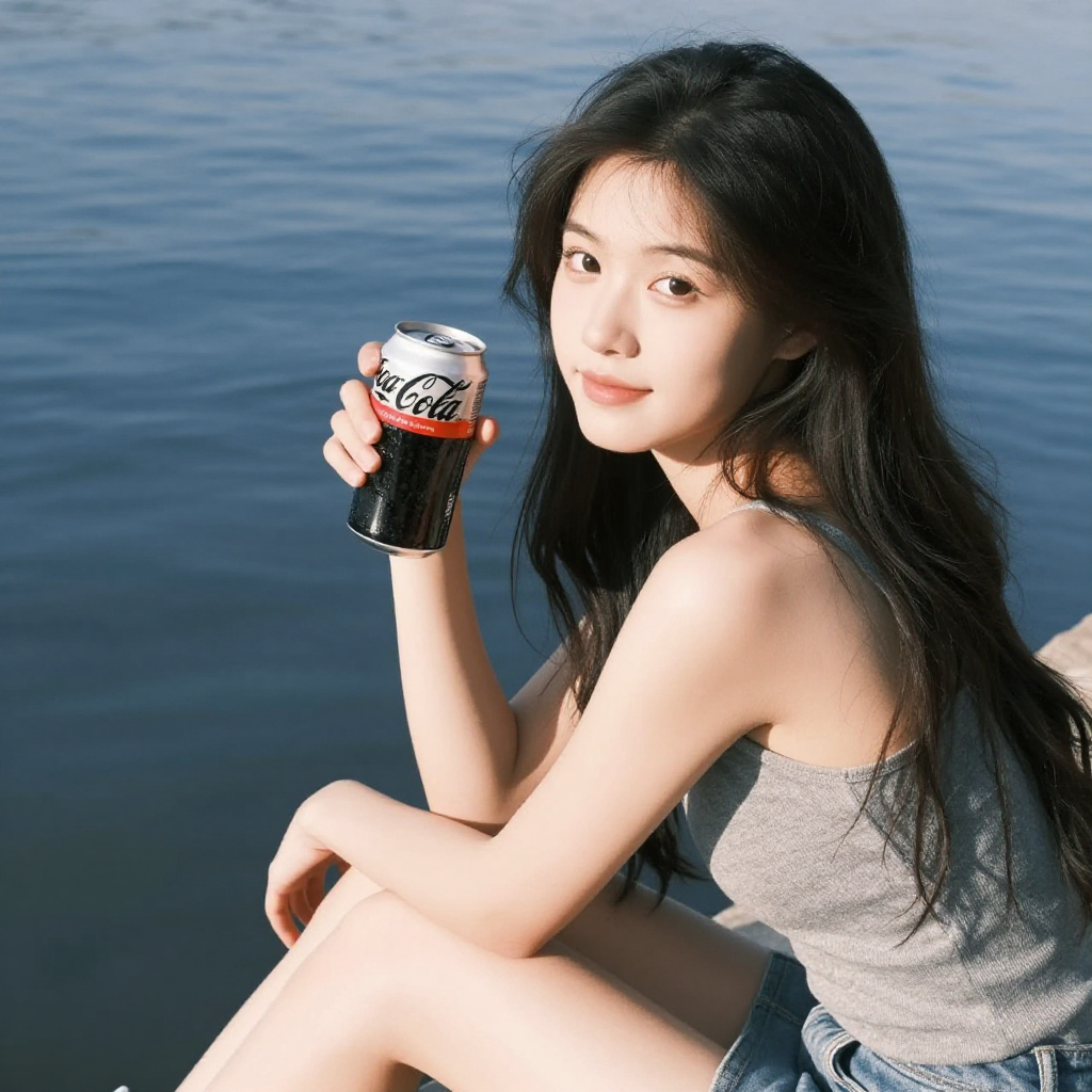 A pretty girl sits by the water. She holds a can of coke