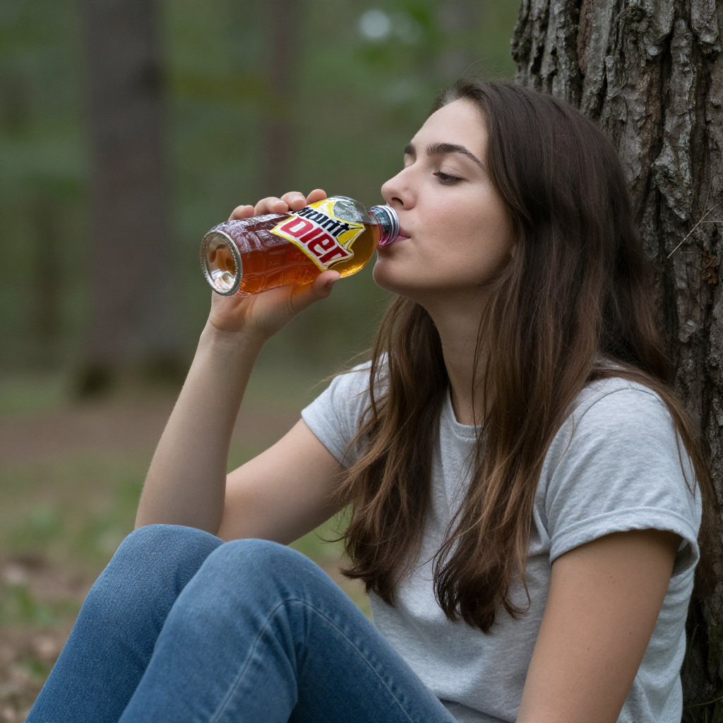 A girl sits in the woods drinking a mtn dew