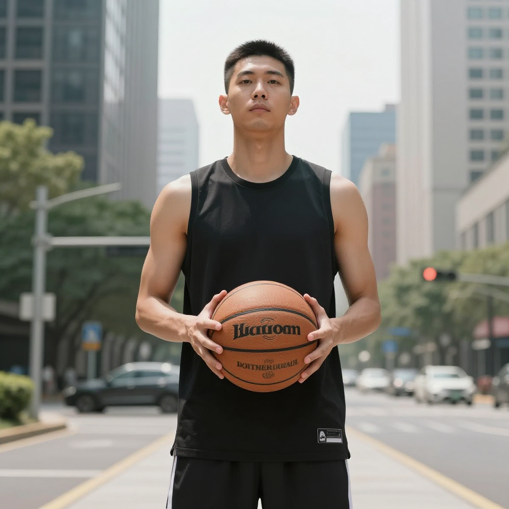 A bot holds a basketball in the city