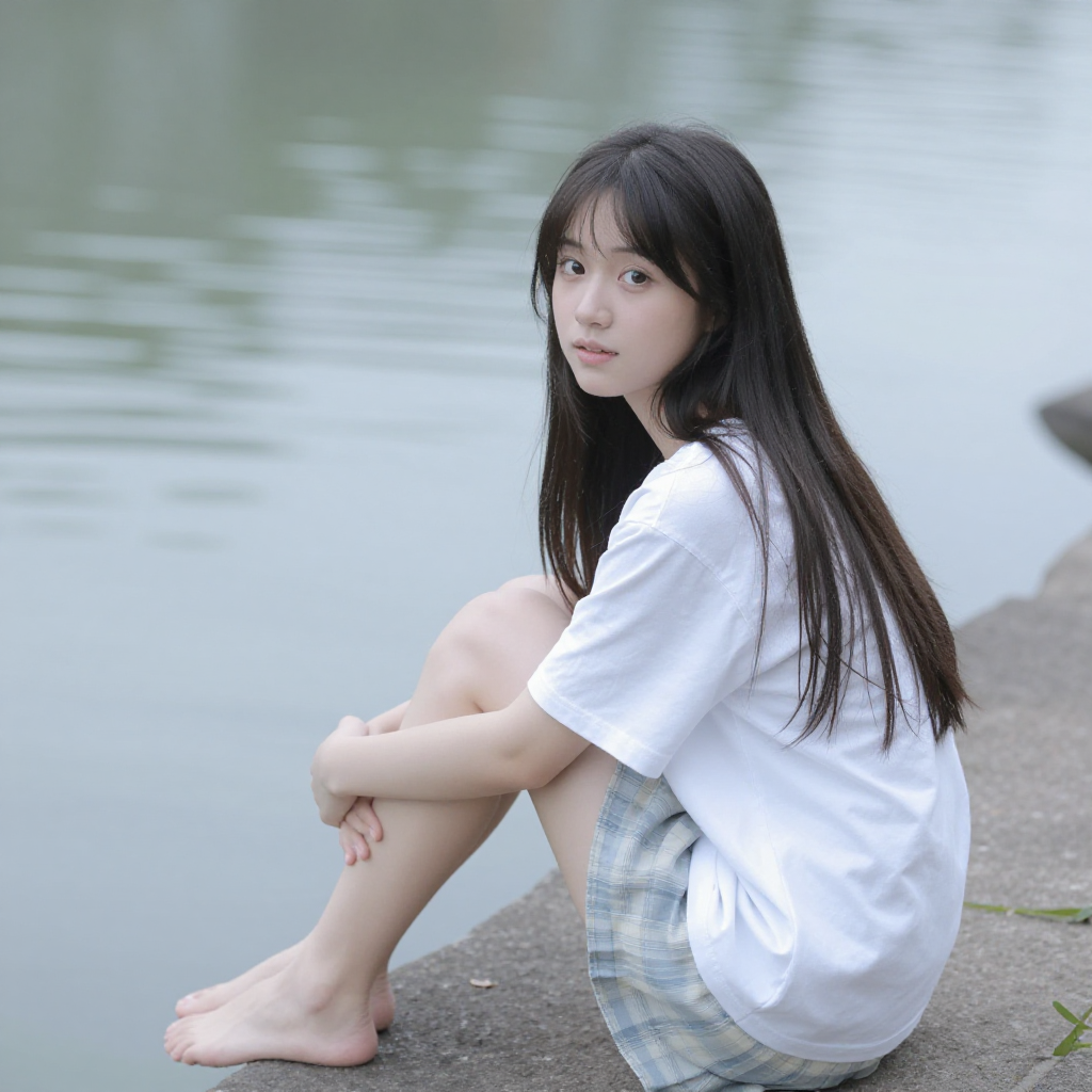 A cute girl sits by the water