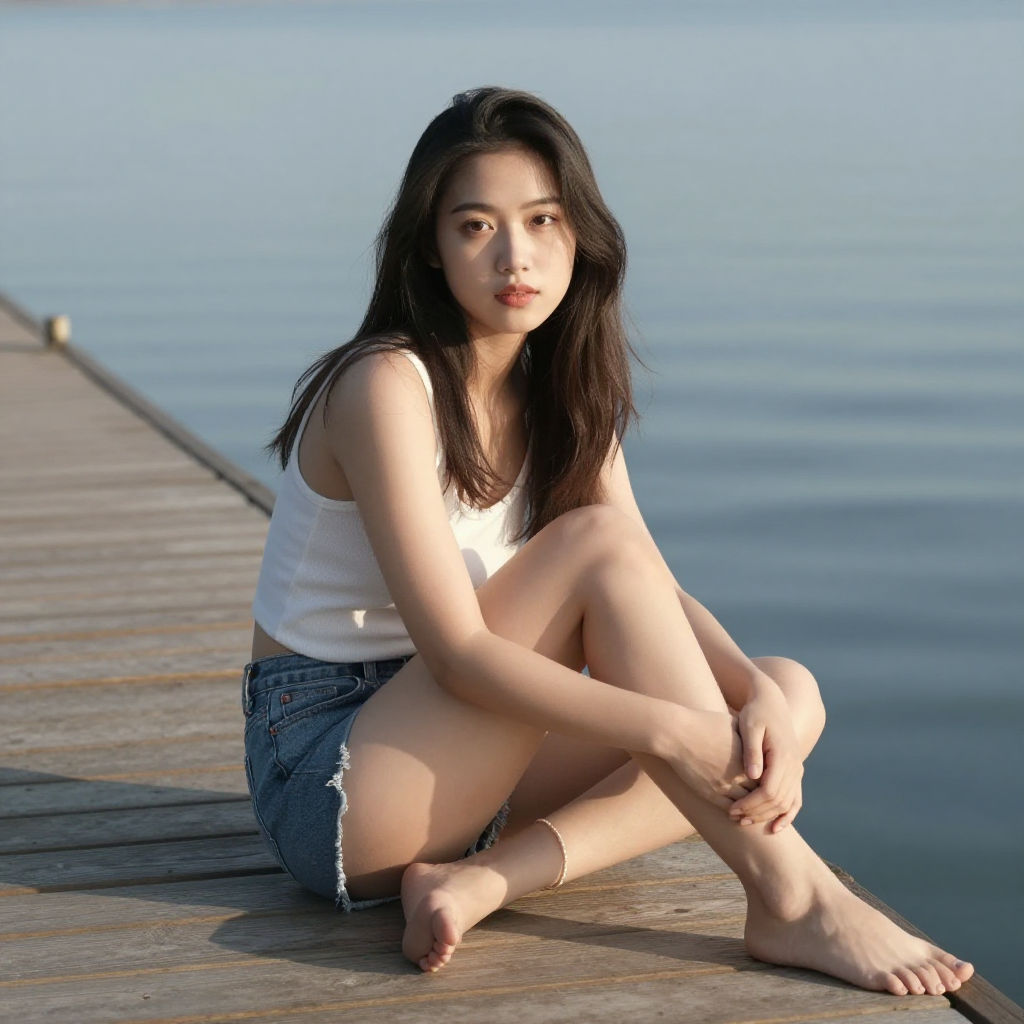 A pretty girl sits on the dock