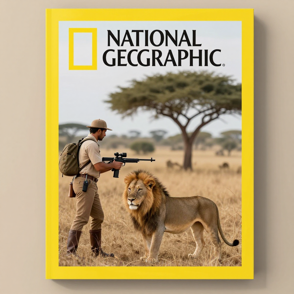 A magazine cover for national geographic shows a native hunting a lion