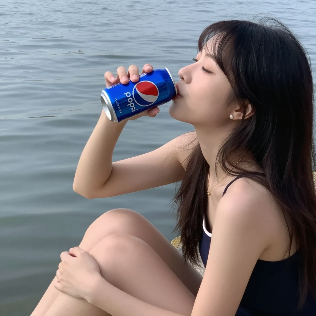 A girl sits by the water. She drinks a can of pepsi