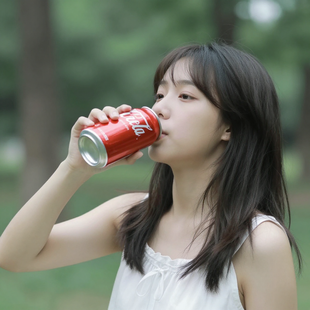 A cute girl drinks a can of coke in the forest