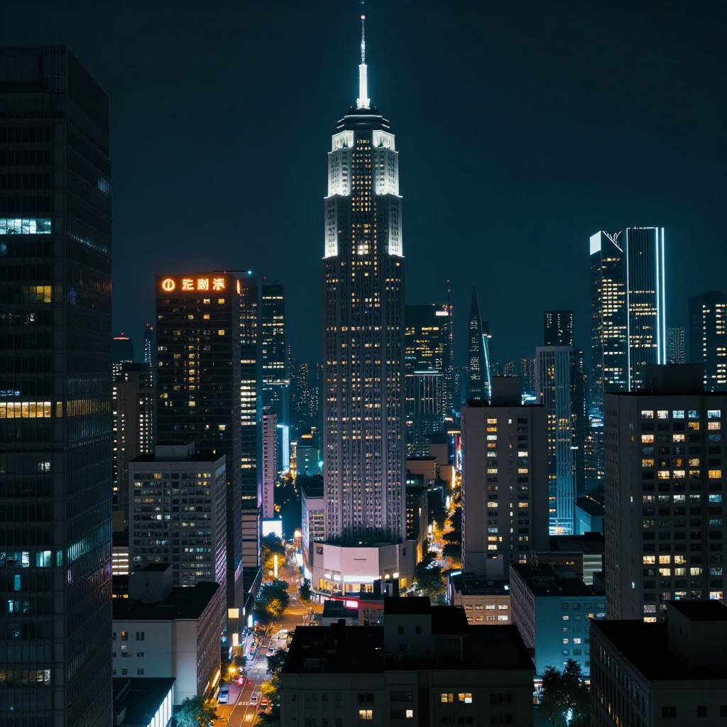 A cyberpunk city at night with neon lights