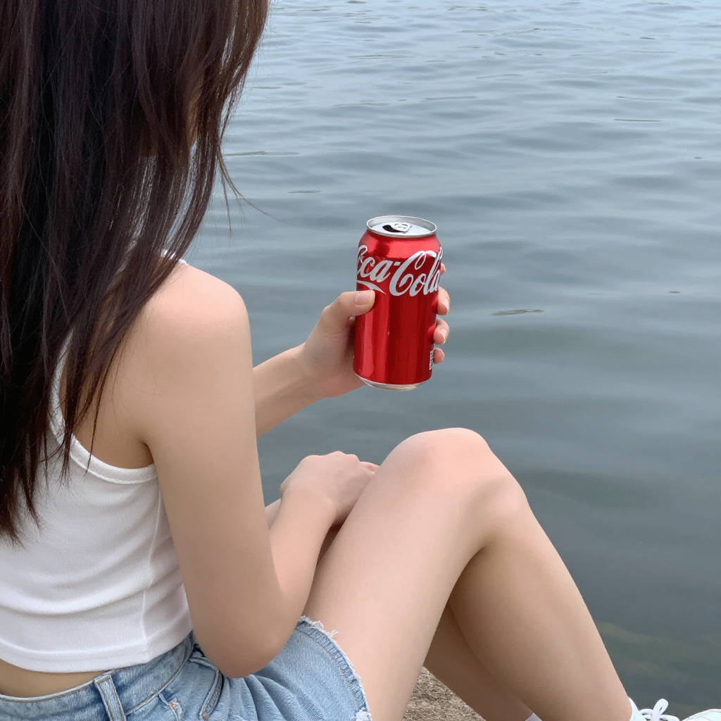A girl holding a can of coke sits by the water