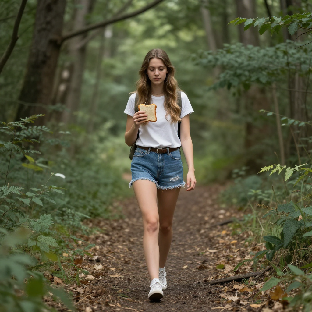 A girl walks through the woods. She holds a sandwich