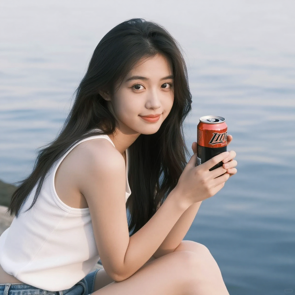 A pretty girl sits by the water with a can of soda