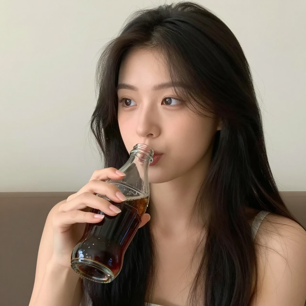 A girl with no shirt drinks a coke
