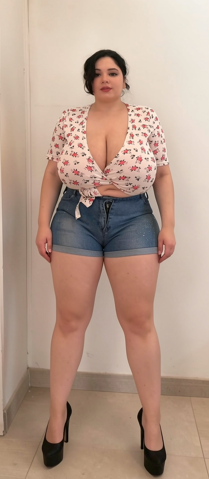 Cuerpo completo, caderas anchas piernas muy gruesas, zapatillas de tacón alto con plataforma, shorts de mezclilla ajustado